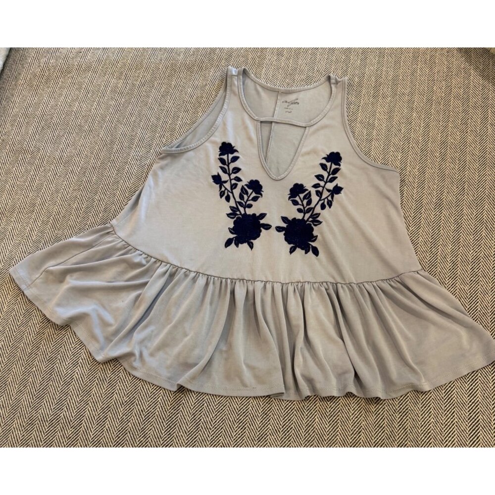 Alya Blue Sleeveless Peplum Tank Top With Navy Embroidered Floral Design Size S